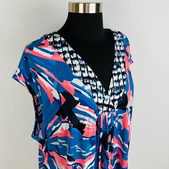 Alfani Womens Plus 2X Blue Salmon Pink Colorful Abstract Print Knee Length Dress - Picture 4 of 8